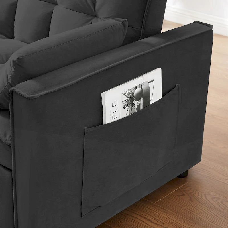 Canapé-lit gigogne Black 55.2 Velvet avec coussins décoratifs et poches latérales