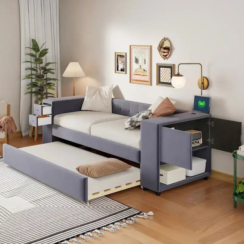 Cadre de lit de repos rembourré en velours avec ports de chargement USB et rangement