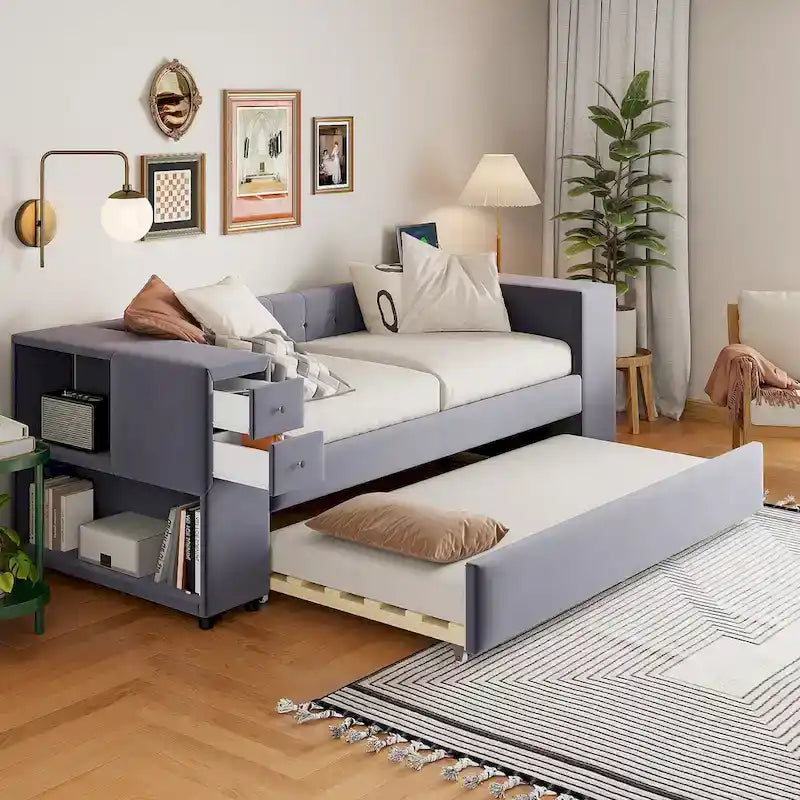 Cadre de lit de repos rembourré en velours avec ports de chargement USB et rangement