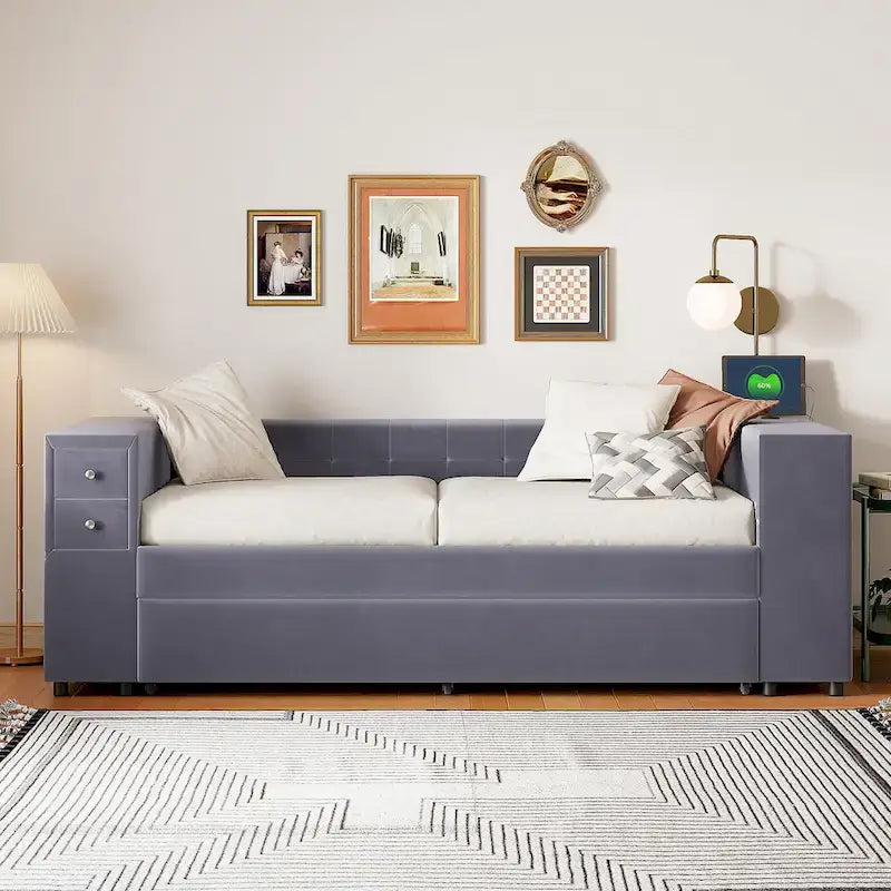 Cadre de lit de repos rembourré en velours avec ports de chargement USB et rangement