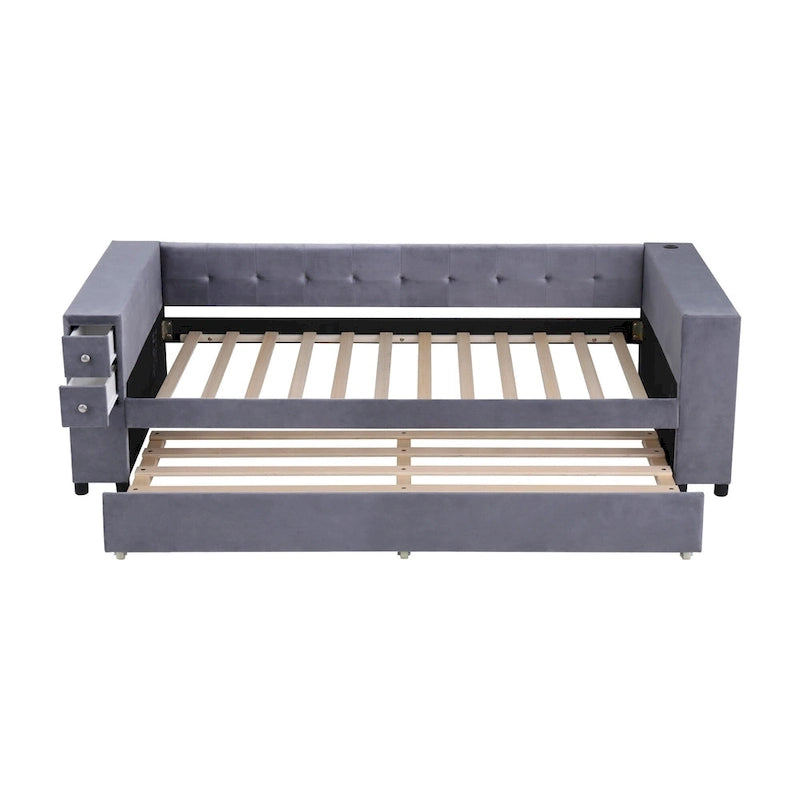 Cadre de lit de repos rembourré en velours avec ports de chargement USB et rangement