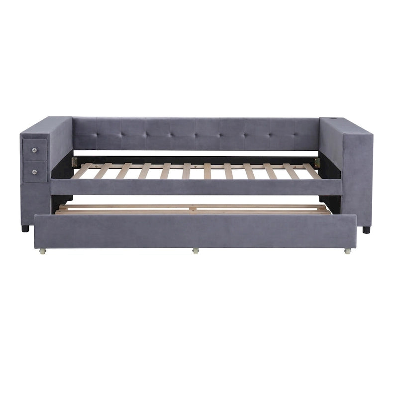 Cadre de lit de repos rembourré en velours avec ports de chargement USB et rangement