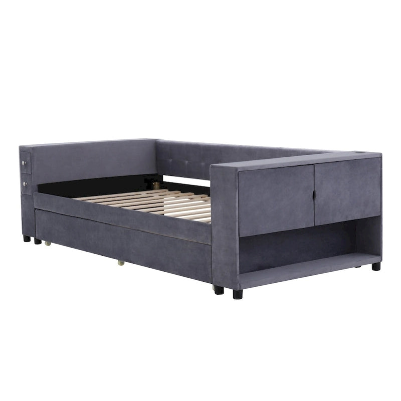 Cadre de lit de repos rembourré en velours avec ports de chargement USB et rangement