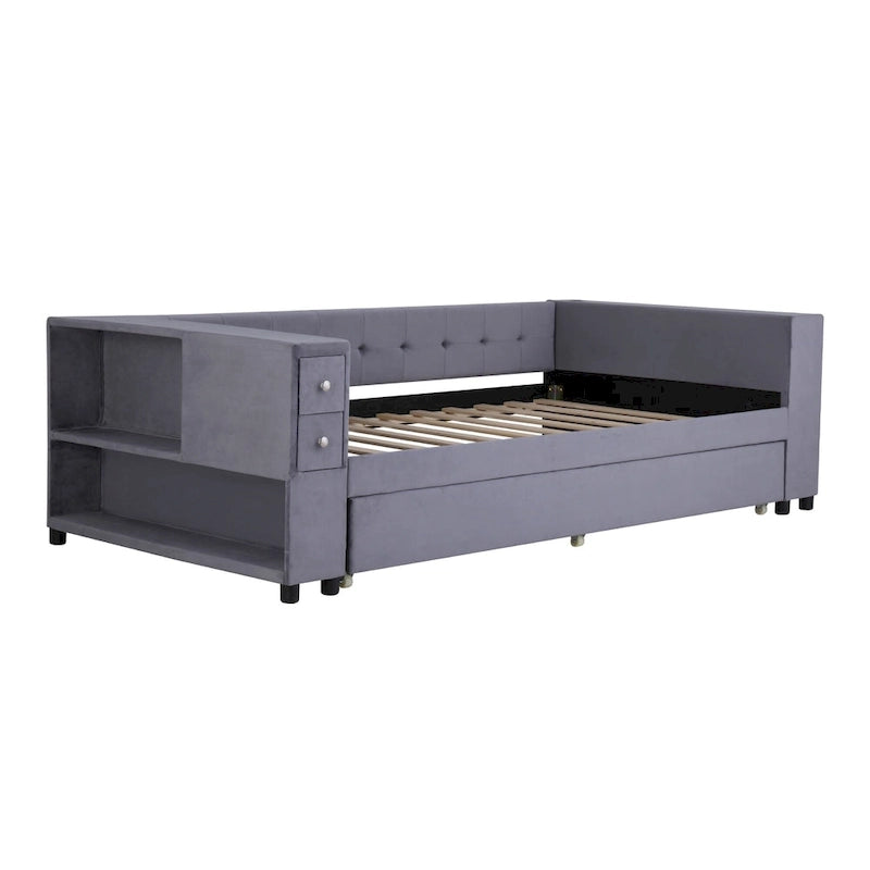 Cadre de lit de repos rembourré en velours avec ports de chargement USB et rangement