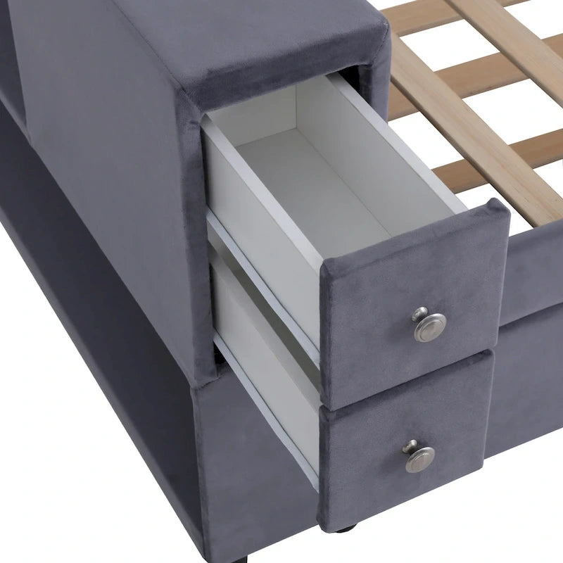 Cadre de lit de repos rembourré en velours avec ports de chargement USB et rangement