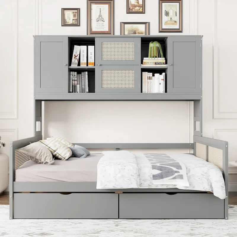 Lit de jour double avec tiroirs de rangement, armoire et étagère, construction en bois robuste
