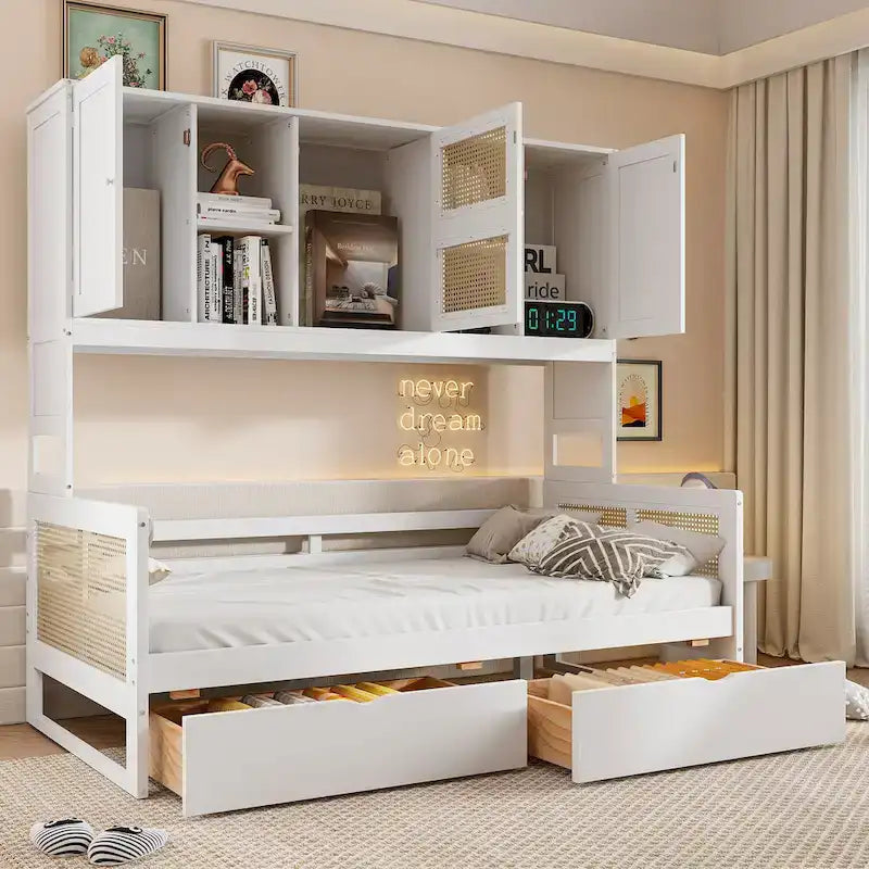 Lit de jour double avec tiroirs de rangement, armoire et étagère, construction en bois robuste