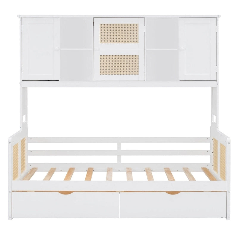 Lit de jour double avec tiroirs de rangement, armoire et étagère, construction en bois robuste