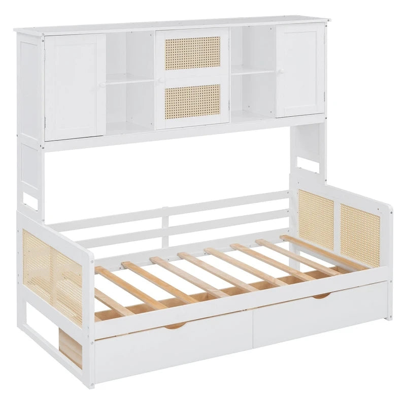 Lit de jour double avec tiroirs de rangement, armoire et étagère, construction en bois robuste