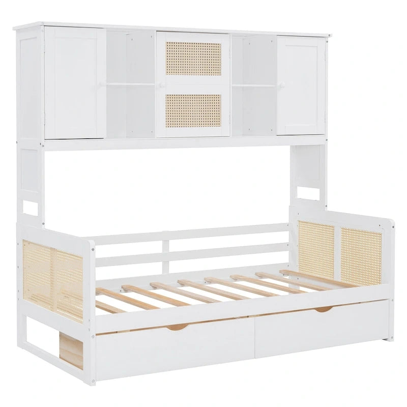 Lit de jour double avec tiroirs de rangement, armoire et étagère, construction en bois robuste