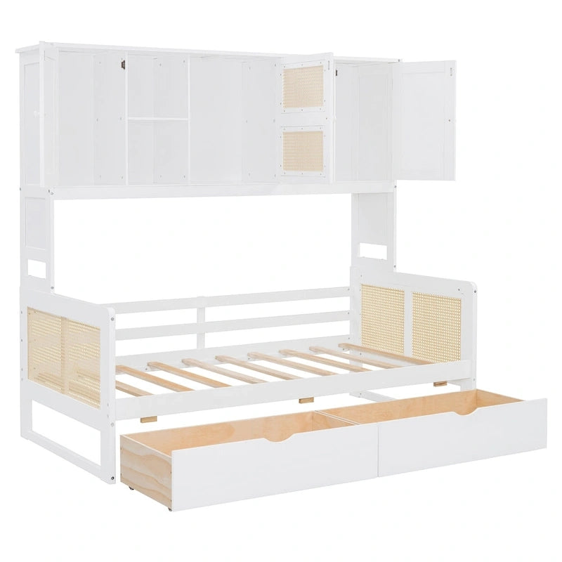 Lit de jour double avec tiroirs de rangement, armoire et étagère, construction en bois robuste