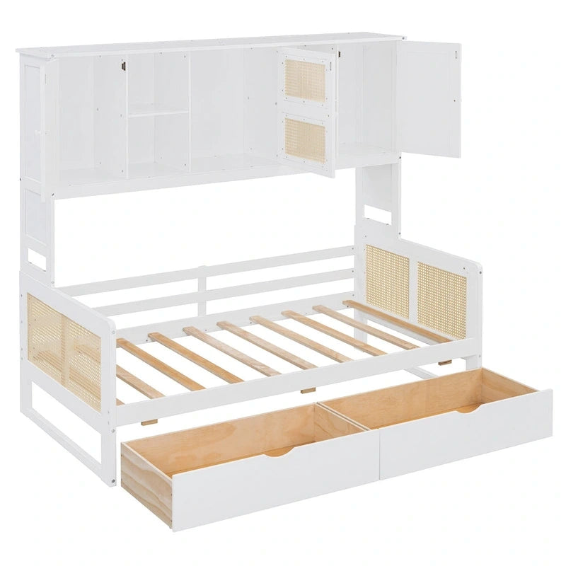 Lit de jour double avec tiroirs de rangement, armoire et étagère, construction en bois robuste