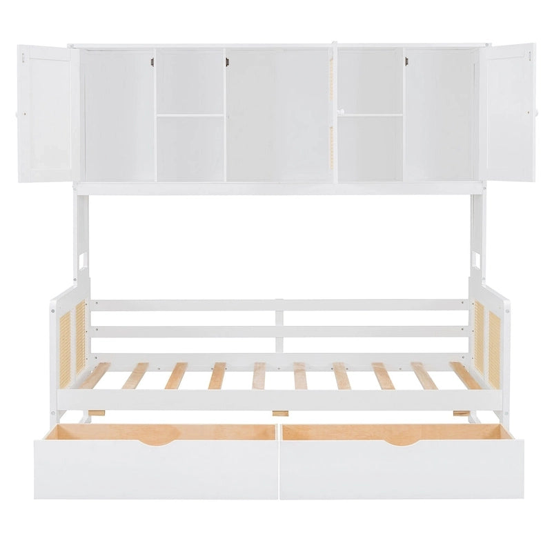 Lit de jour double avec tiroirs de rangement, armoire et étagère, construction en bois robuste