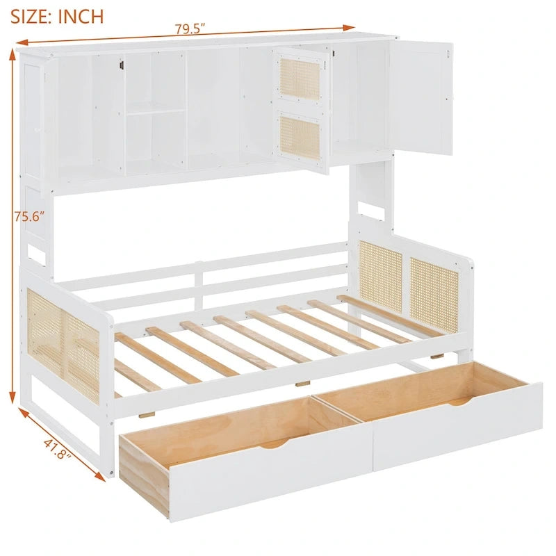 Lit de jour double avec tiroirs de rangement, armoire et étagère, construction en bois robuste
