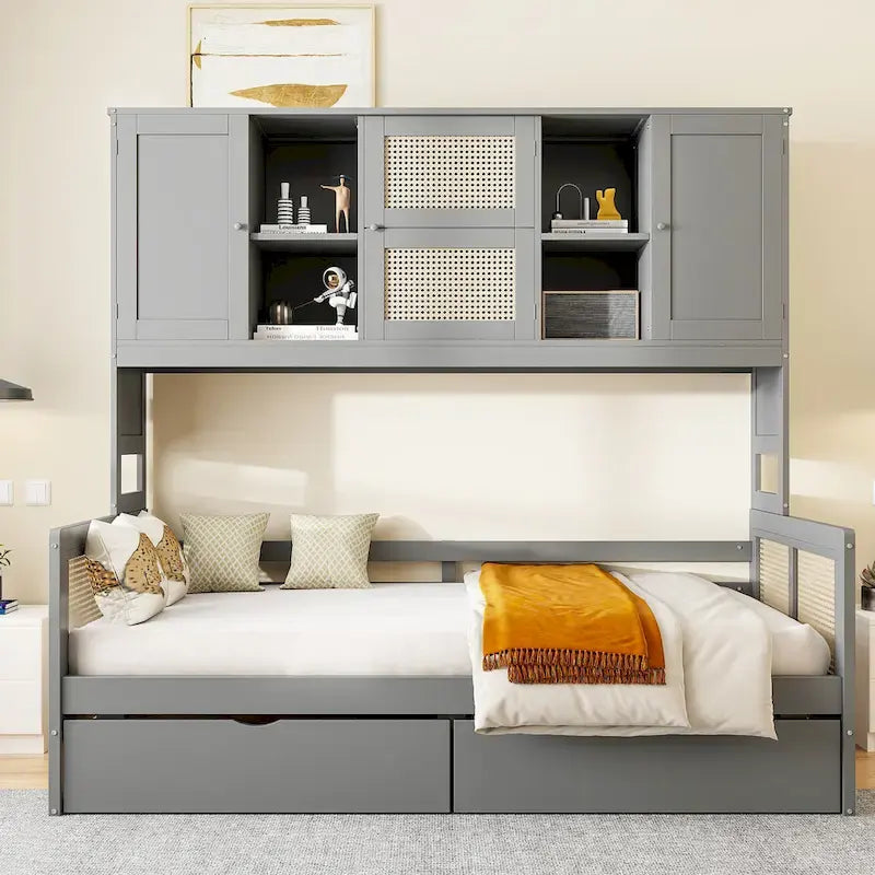 Lit de jour double avec tiroirs de rangement, armoire et étagère, construction en bois robuste