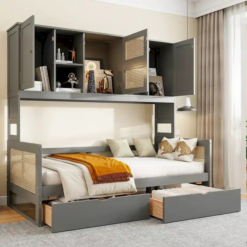 Lit de jour double avec tiroirs de rangement, armoire et étagère, construction en bois robuste