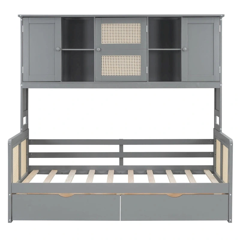 Lit de jour double avec tiroirs de rangement, armoire et étagère, construction en bois robuste