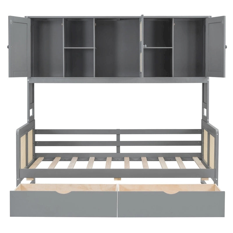 Lit de jour double avec tiroirs de rangement, armoire et étagère, construction en bois robuste