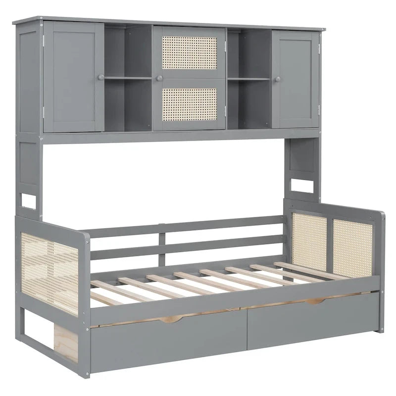 Lit de jour double avec tiroirs de rangement, armoire et étagère, construction en bois robuste