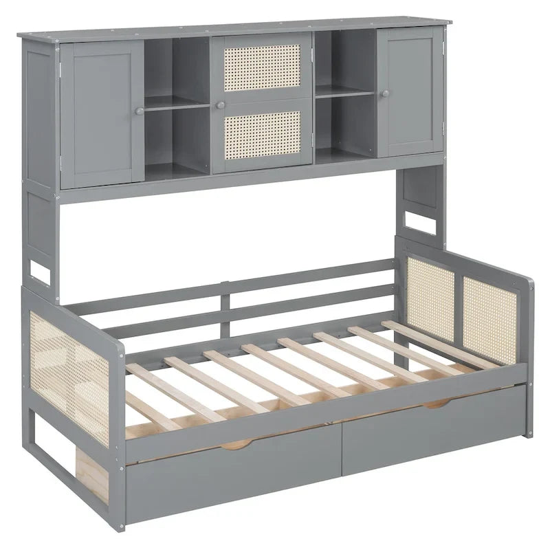 Lit de jour double avec tiroirs de rangement, armoire et étagère, construction en bois robuste