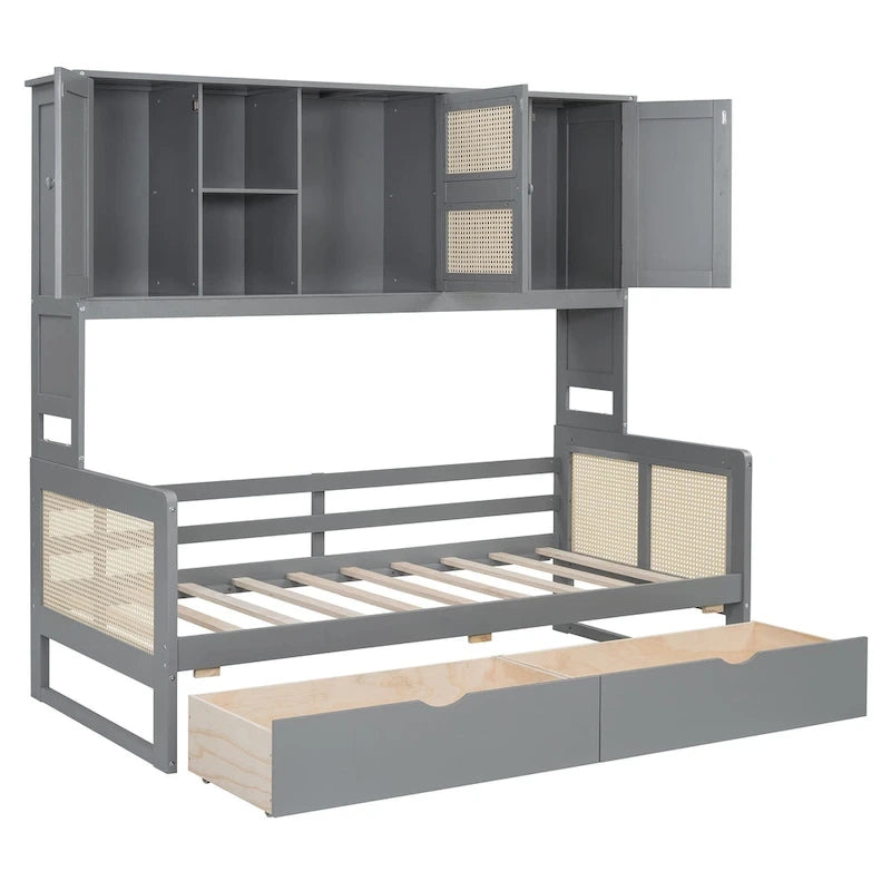 Lit de jour double avec tiroirs de rangement, armoire et étagère, construction en bois robuste
