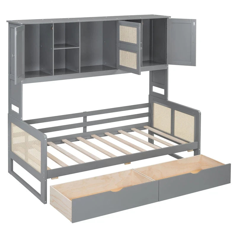 Lit de jour double avec tiroirs de rangement, armoire et étagère, construction en bois robuste