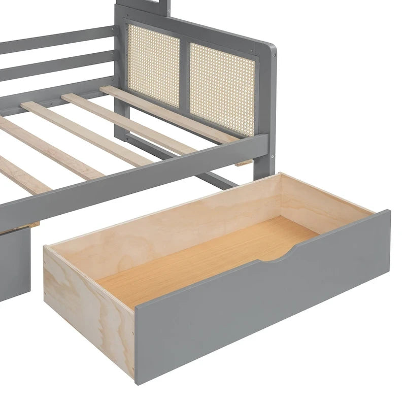 Lit de jour double avec tiroirs de rangement, armoire et étagère, construction en bois robuste