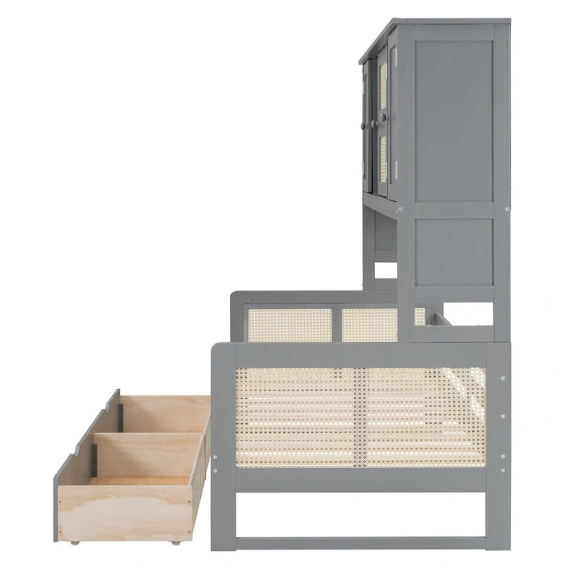 Lit de jour double avec tiroirs de rangement, armoire et étagère, construction en bois robuste