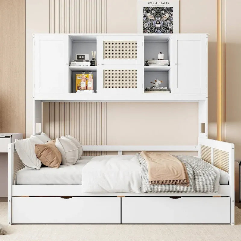Lit de jour double avec tiroirs de rangement, armoire et étagère, construction en bois robuste