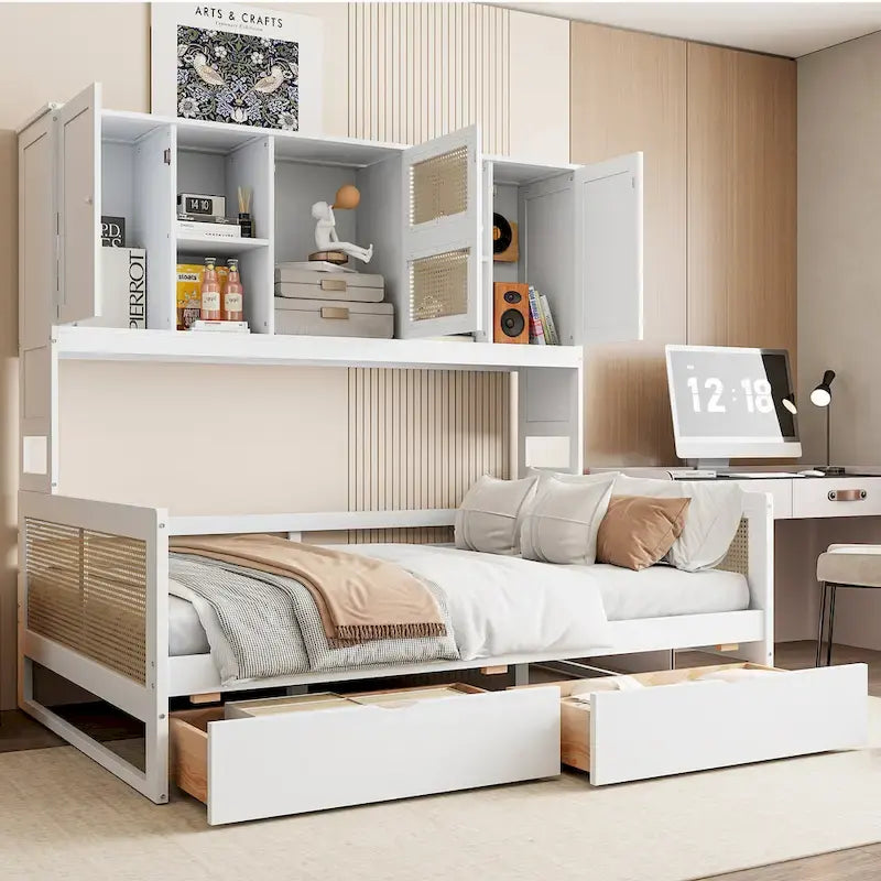 Lit de jour double avec tiroirs de rangement, armoire et étagère, construction en bois robuste