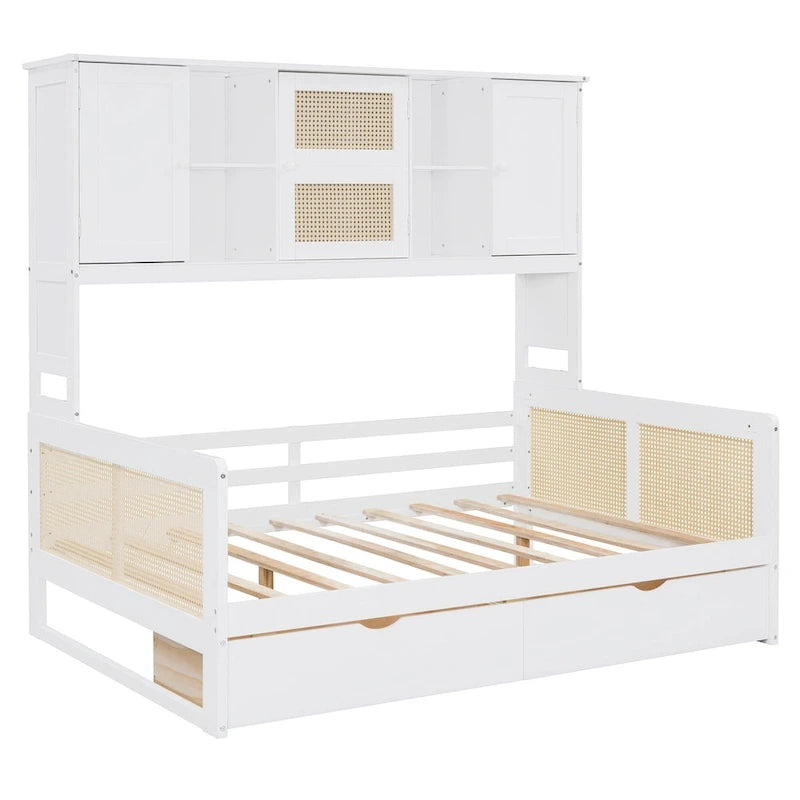 Lit de jour double avec tiroirs de rangement, armoire et étagère, construction en bois robuste