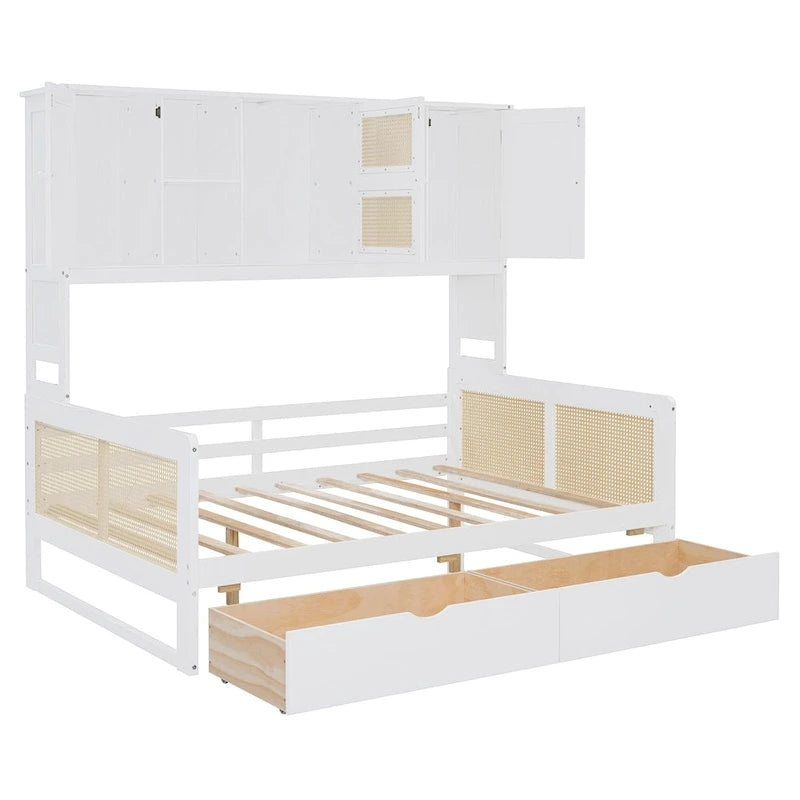Lit de jour double avec tiroirs de rangement, armoire et étagère, construction en bois robuste