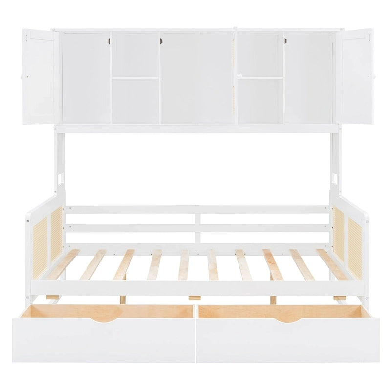 Lit de jour double avec tiroirs de rangement, armoire et étagère, construction en bois robuste