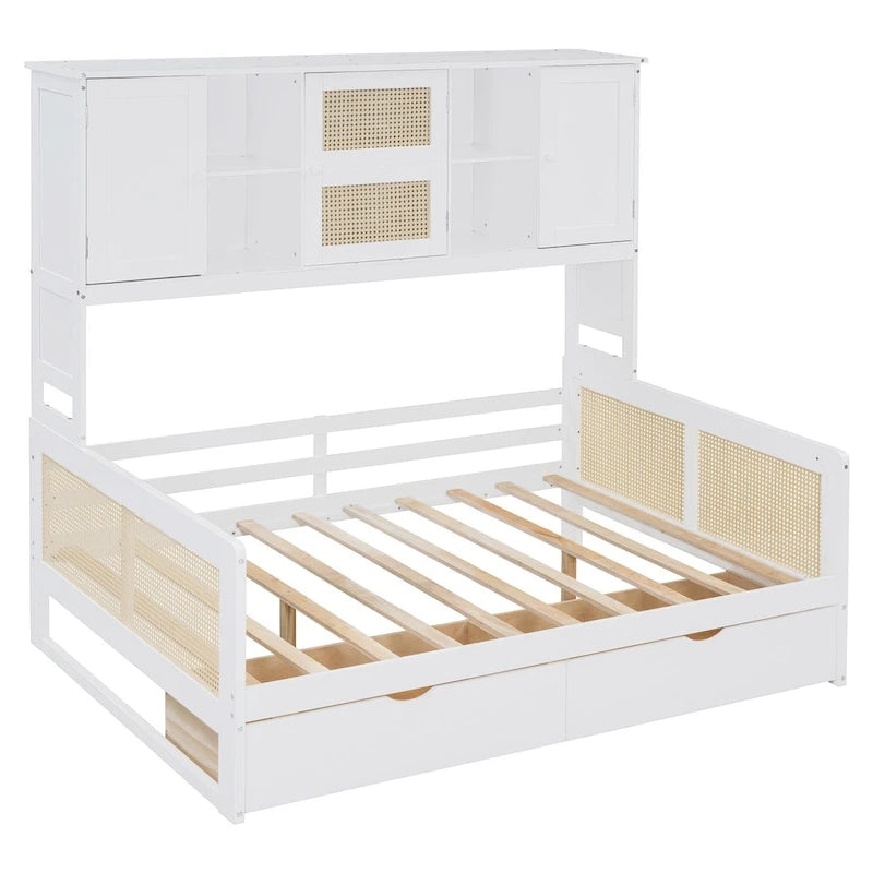 Lit de jour double avec tiroirs de rangement, armoire et étagère, construction en bois robuste