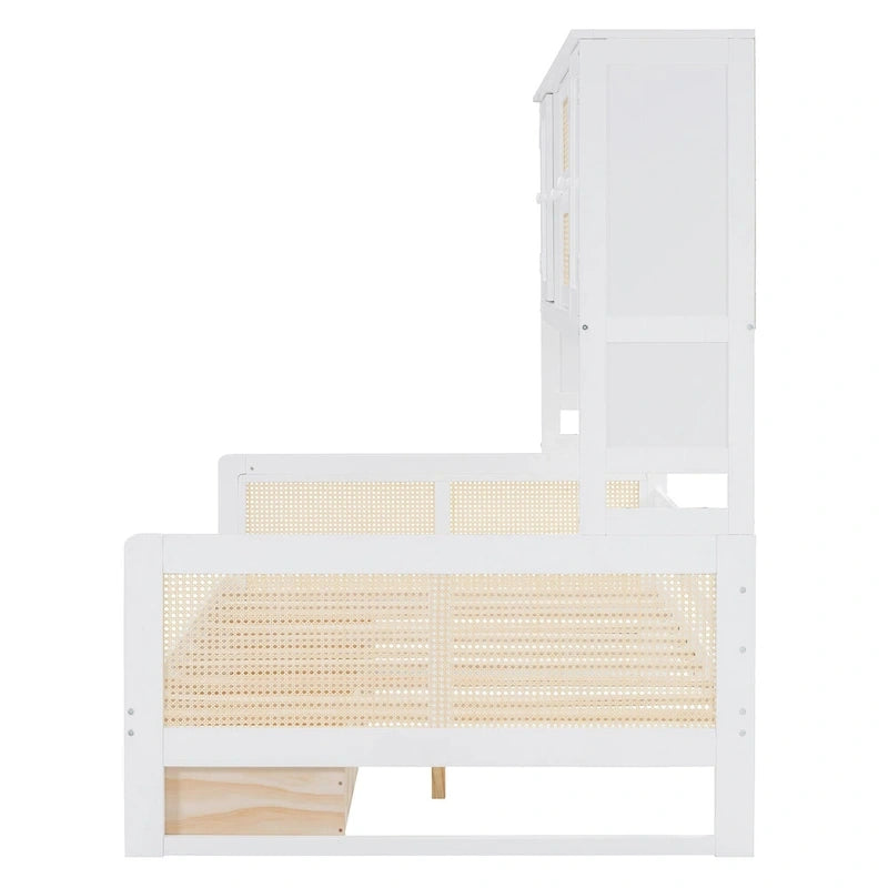 Lit de jour double avec tiroirs de rangement, armoire et étagère, construction en bois robuste