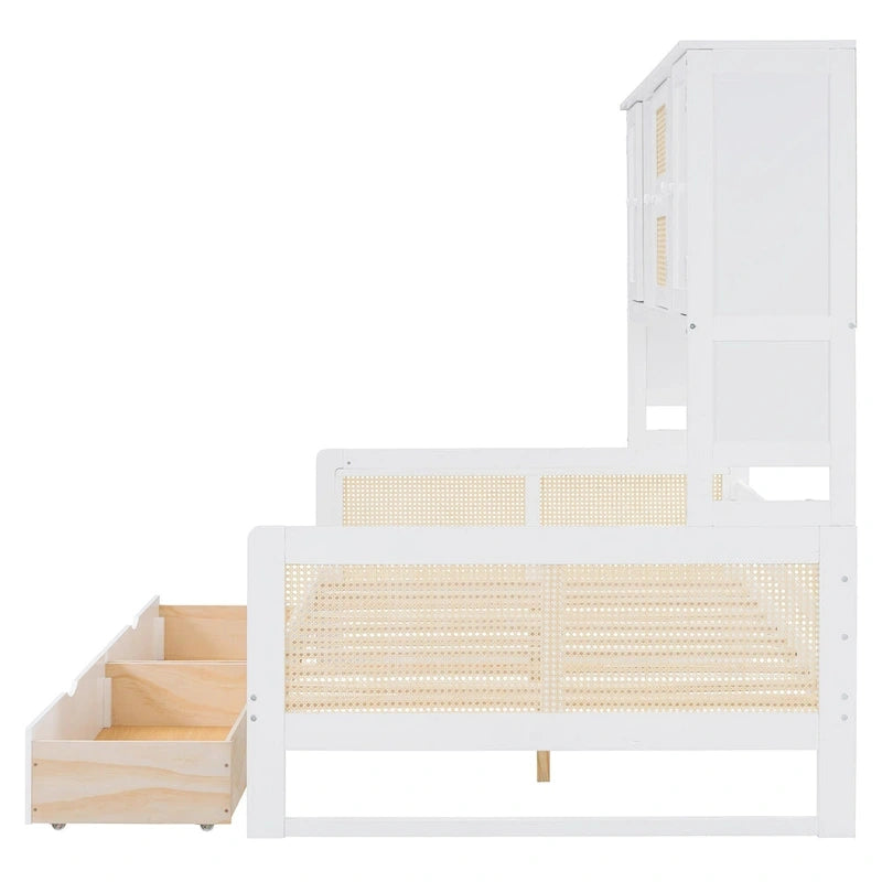 Lit de jour double avec tiroirs de rangement, armoire et étagère, construction en bois robuste