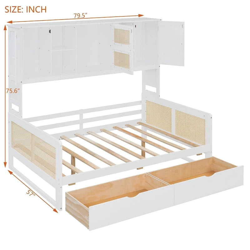 Lit de jour double avec tiroirs de rangement, armoire et étagère, construction en bois robuste