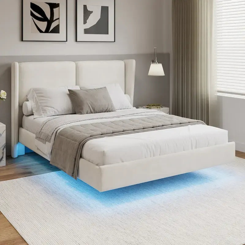 Lit plateforme flottant Queen Velvet avec lumières LED et 6 rangements