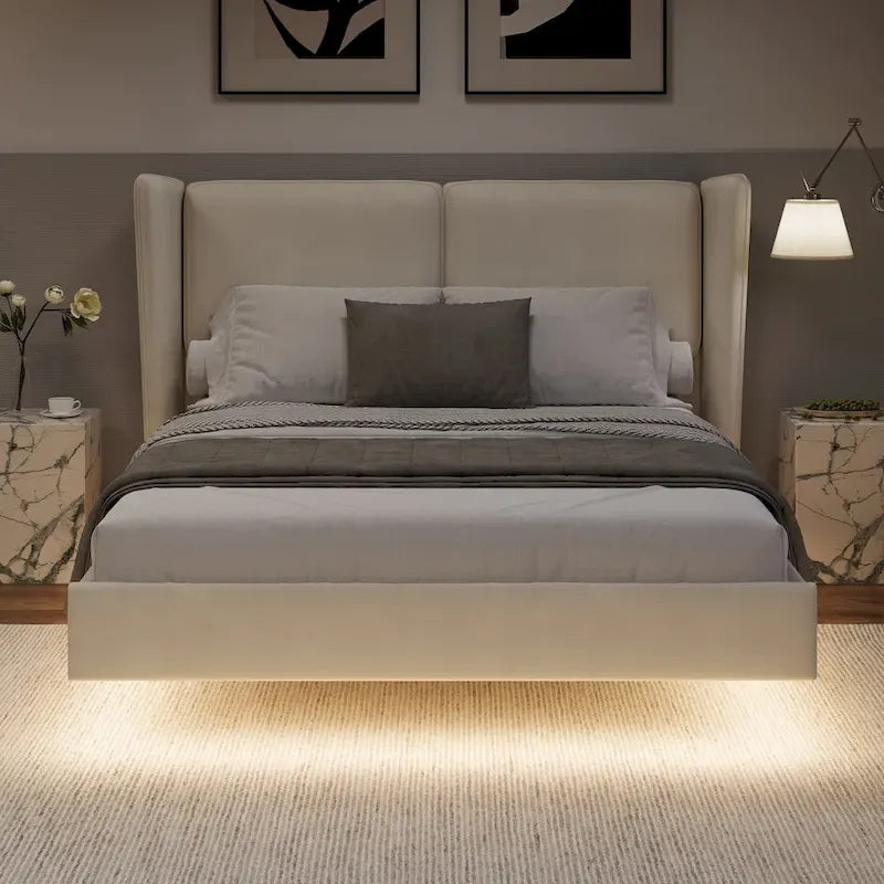 Lit plateforme flottant Queen Velvet avec lumières LED et 6 rangements