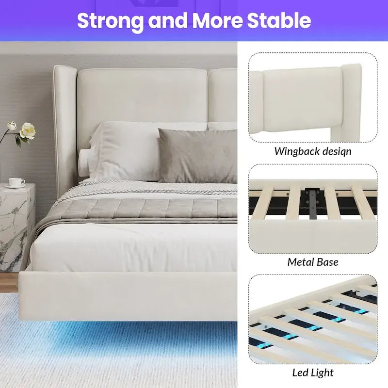 Lit plateforme flottant Queen Velvet avec lumières LED et 6 rangements