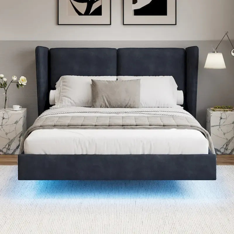 Lit plateforme flottant Queen Velvet avec lumières LED et 6 rangements