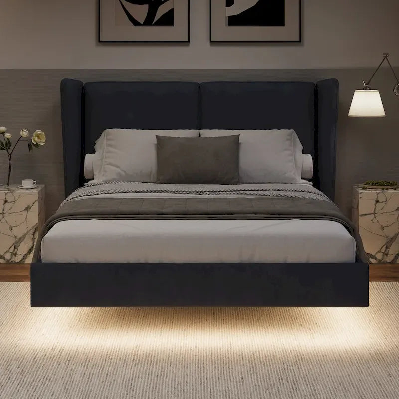 Lit plateforme flottant Queen Velvet avec lumières LED et 6 rangements