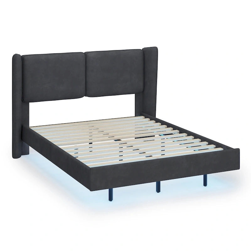 Lit plateforme flottant Queen Velvet avec lumières LED et 6 rangements
