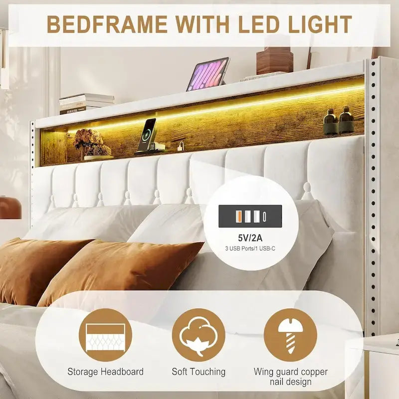 Lit plateforme capitonné en velours avec tête de lit de rangement et ailes cloutées