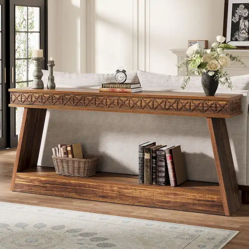 Table d'entrée extra longue de 180 cm, console étroite à 2 niveaux avec rangement - 180L x 30l x 80H cm