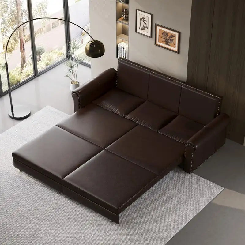 Canapé convertible 3 en 1 King size Chesterfield, en velours/similicuir, avec clous décoratifs et accoudoirs arrondis