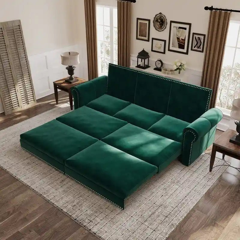 Canapé convertible 3 en 1 King size Chesterfield, en velours/similicuir, avec clous décoratifs et accoudoirs arrondis