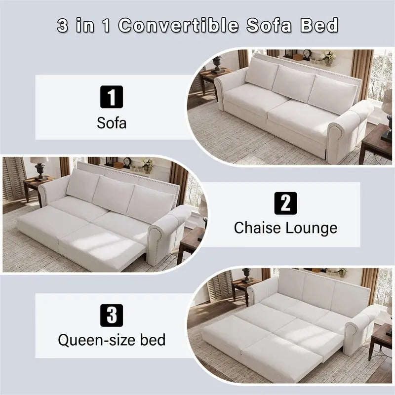 Canapé convertible 3 en 1 King size Chesterfield, en velours/similicuir, avec clous décoratifs et accoudoirs arrondis