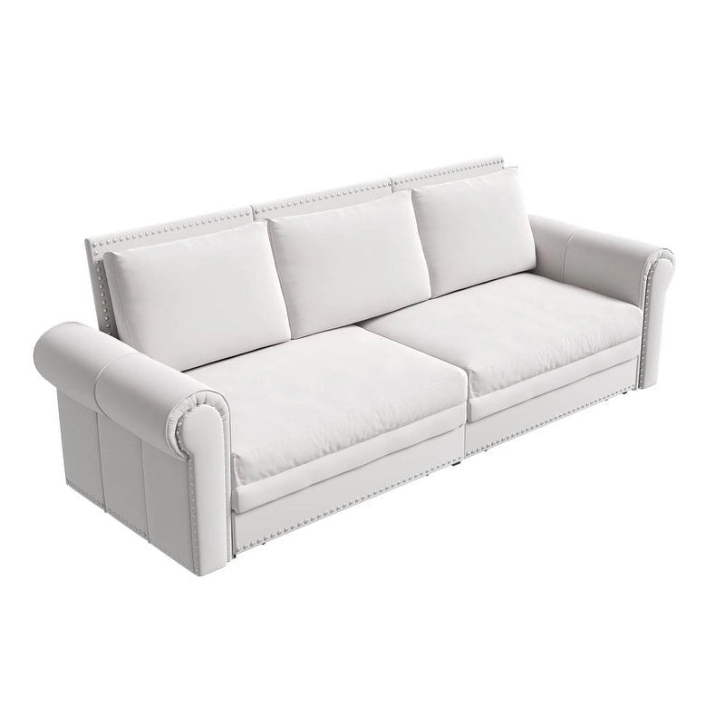 Canapé convertible 3 en 1 King size Chesterfield, en velours/similicuir, avec clous décoratifs et accoudoirs arrondis