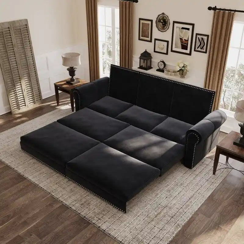 Canapé convertible 3 en 1 King size Chesterfield, en velours/similicuir, avec clous décoratifs et accoudoirs arrondis